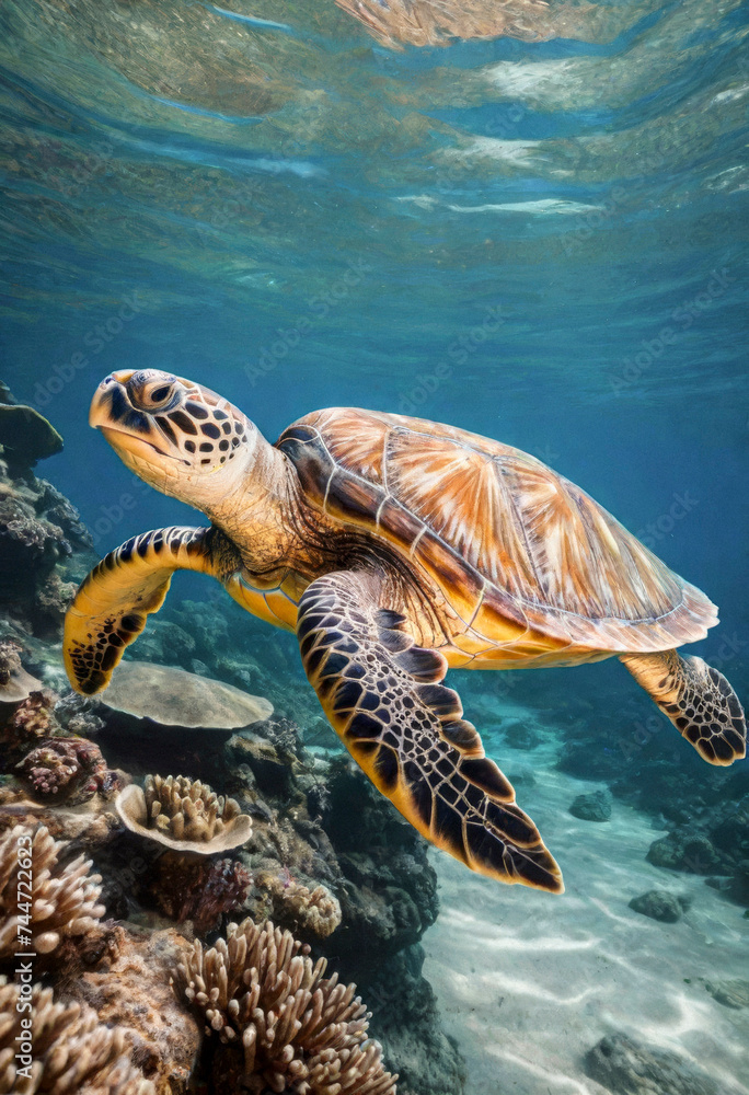 Fototapeta premium A sea turtle swims underwater against the seafloor background