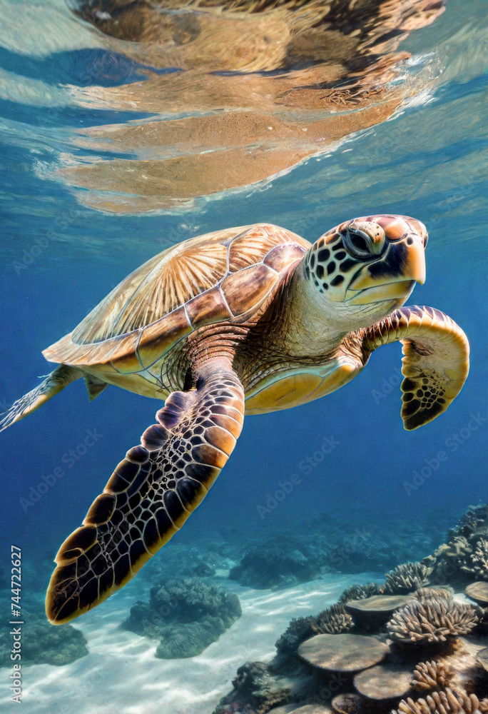Fototapeta premium A sea turtle swims underwater against the seafloor background