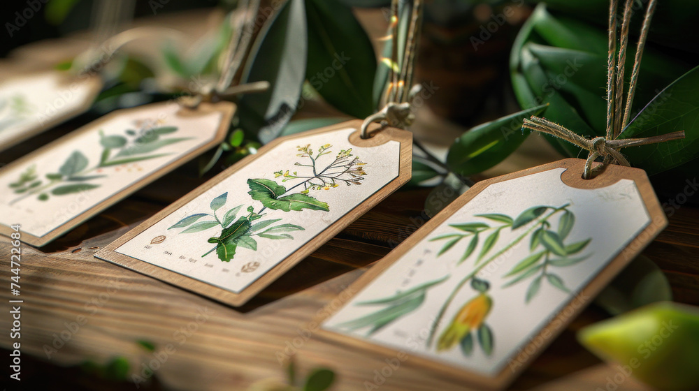  A sustainable clothing brand's tags designed with crisp, geometric borders framing watercolor illustrations of the plants used in the fabric dyes
