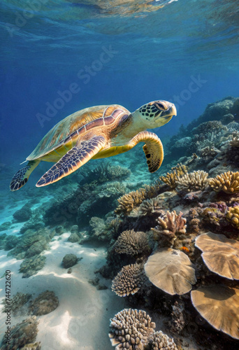 A sea turtle swims underwater against the seafloor background