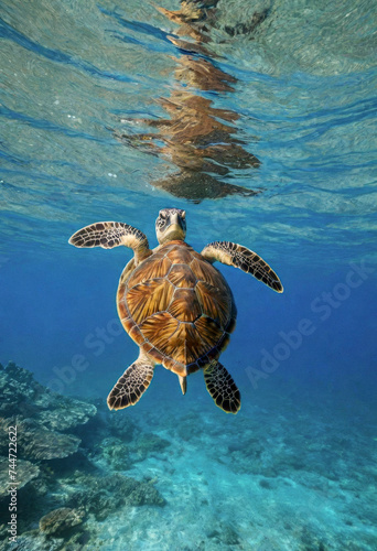 A sea turtle swims underwater against the seafloor background