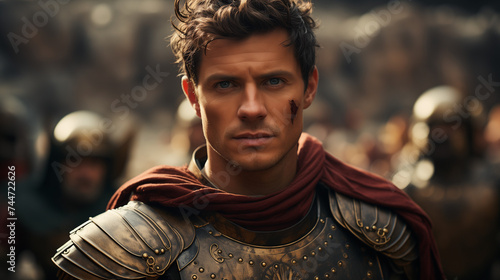 Un guerrier romain défend son empire avec bravoure, prêt à tout sacrifier pour la gloire de Rome. photo