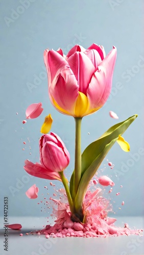 Spring florist concept, pink and yellow tulip. Creative atypic depiction of a pink-lemon tulip flowers exploding buds and petals on pastel blue background. Minimal nature composition with copy space  photo