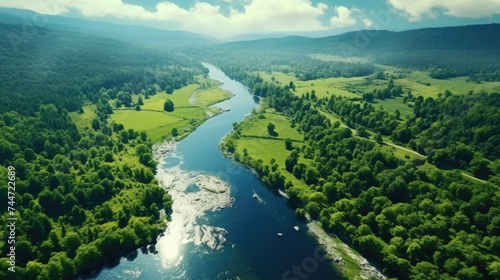 Scenic view of a river flowing through a vibrant green forest. Perfect for nature and outdoor-themed designs