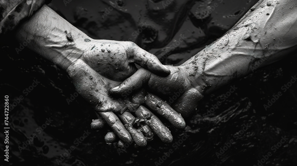 Concept of salvation. Black and white image of the hands of two people Concept of salvation. Black and white image of the hands of two people