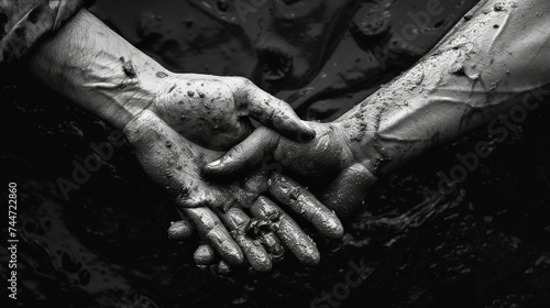 Concept of salvation. Black and white image of the hands of two people