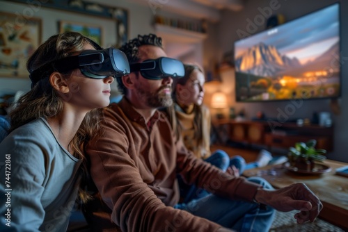 A family using a multi-dimensional entertainment system in their living room, experiencing a movie as a virtual reality adventure
