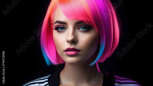 Pink hair and neon makeup of a girl on a black background.