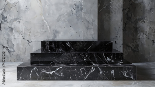 Abstract black marble podium, offering a timeless and elegant platform for showcasing high-end products. 
