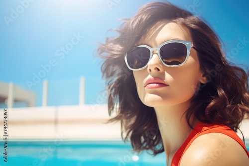 Stylish woman standing near pool, ideal for travel ads