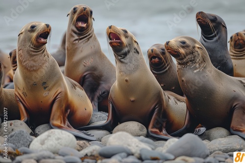 A group of playful sea lions sunbathing on rocky shores, their barks filling the air with life © arhendrix