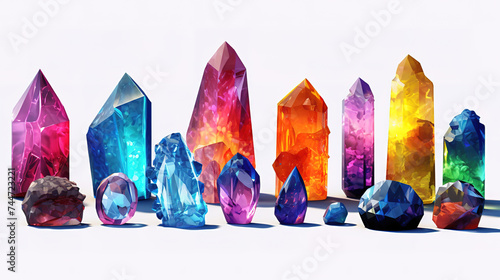 Realistic crystal minerals on white background