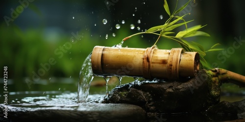 Bamboo Pipe Dripping Water into Small Vessel Natural Water Collection