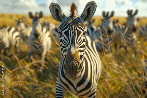 A herd of zebras running across the African plains, their stripes creating a mesmerizing pattern against the landscape