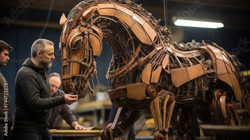 Les Troyens construisent un cheval géant moderne, cachant des araignées grecs à l'intérieur, remportant la guerre.  photo