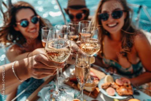 Group of Friends Enjoying Champagne on a Yacht. Three smiling friends in stylish sun hats and sunglasses toasting with champagne glasses on a sunny yacht day.