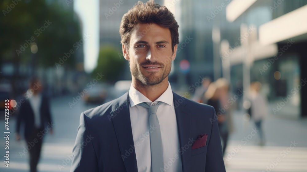 A man in a suit and tie standing on a city street. Suitable for business and urban concepts