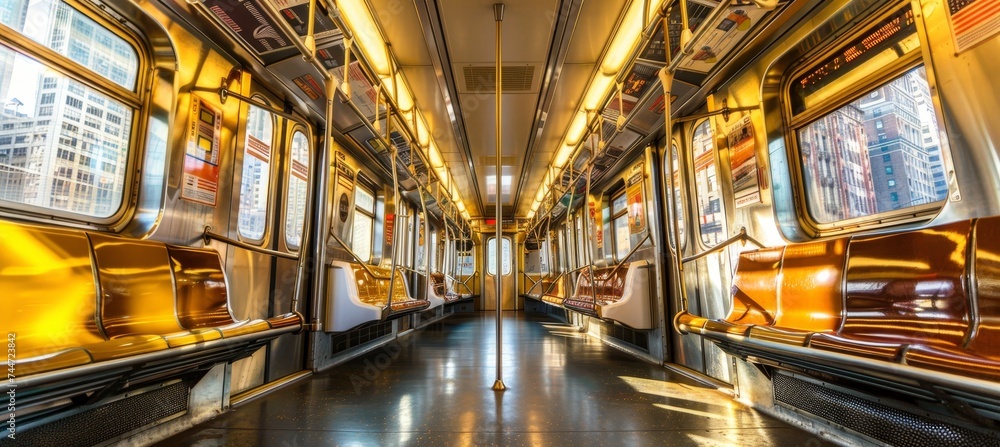 Urban transportation scene  spacious empty subway car interior with seats and handrails.