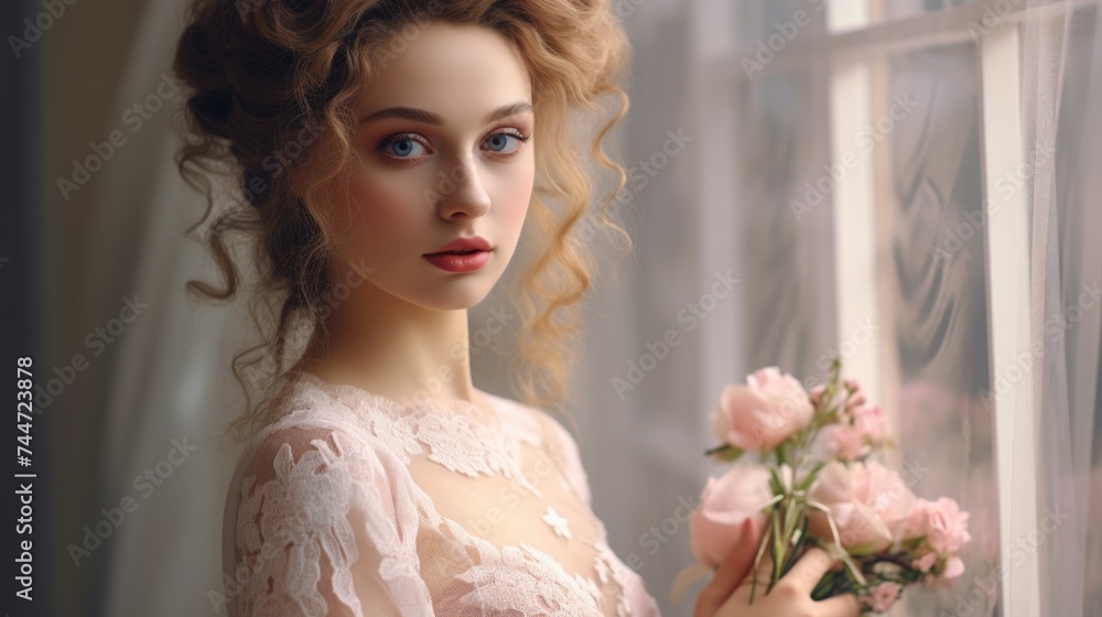 Naklejka premium A beautiful young woman holding a bouquet of flowers. Suitable for various occasions and events