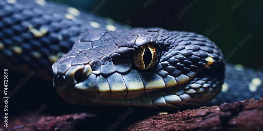 A close-up view of a snake's head on a branch. Suitable for educational materials or wildlife publications A close-up view of a snake's head on a branch. Suitable for educational materials or wildlife publications