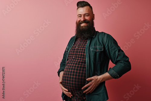 Diversity in parenthood pregnant man challenging gender norms and expanding the definition of family concept. Excited pregnant adult trans man with beard expecting father on pink studio background