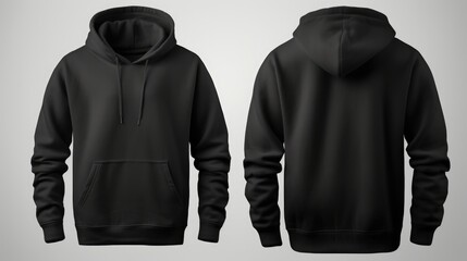 A simple black hoodie on a neutral gray background. Suitable for fashion or casual wear concepts