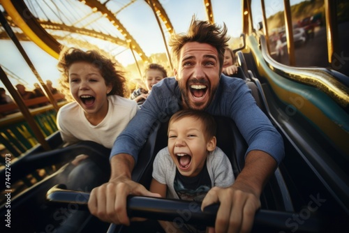 A man and two children enjoying a thrilling roller coaster ride. Perfect for illustrating fun family activities