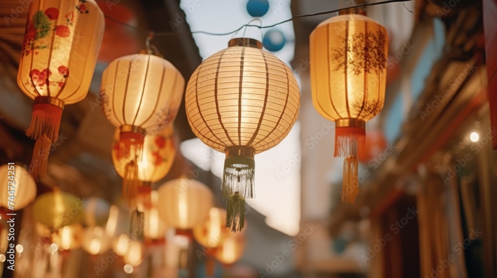 Colorful paper lanterns hanging from a ceiling, perfect for adding a festive touch to any event - obrazy, fototapety, plakaty 