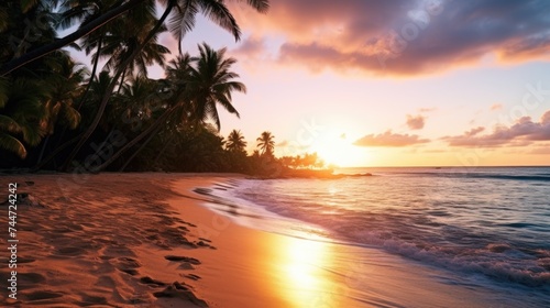 Beautiful sunset on the beach with footprints in the sand. Perfect for travel and nature themed designs