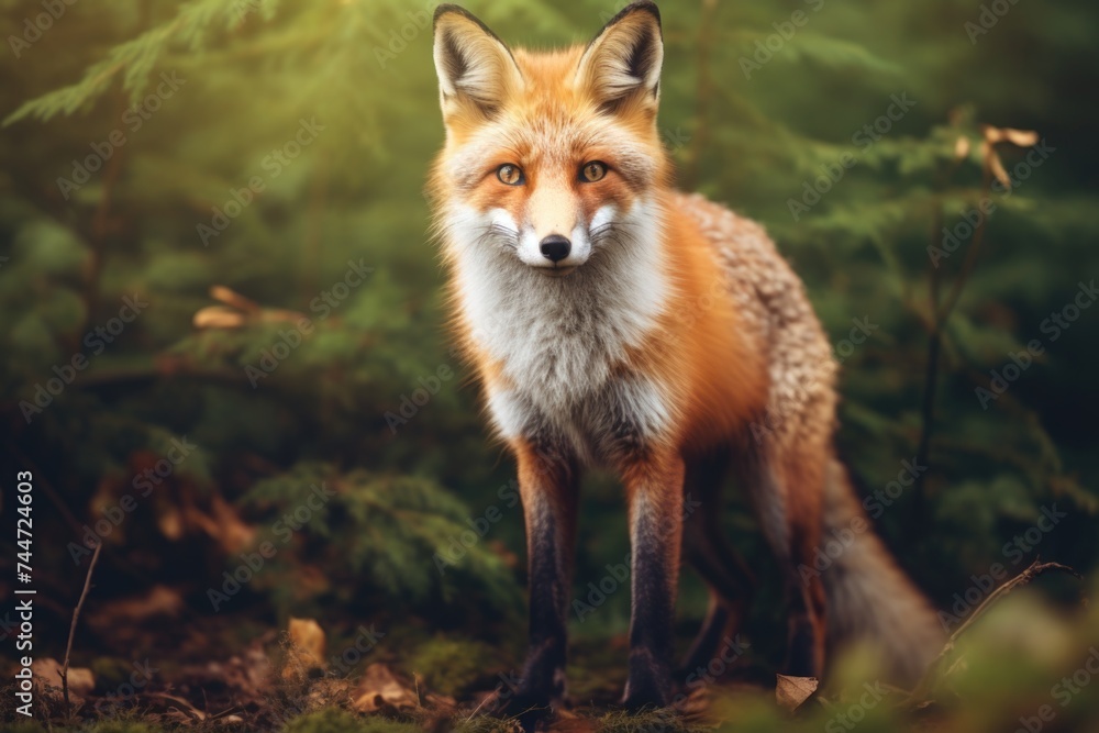 A red fox standing in a forest, perfect for wildlife designs A red fox standing in a forest, perfect for wildlife designs
