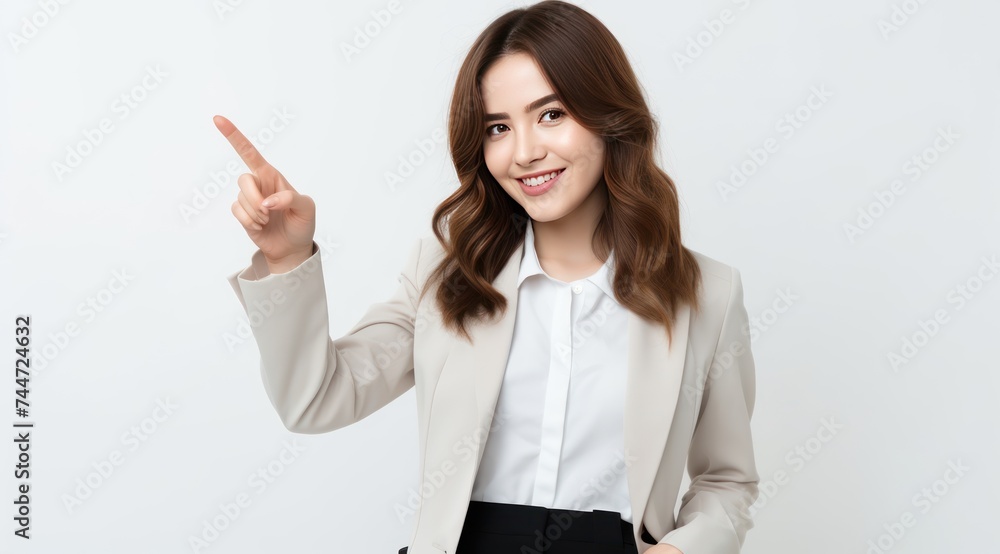 Stylish Woman Pointing to Right in Elegant Attire Stylish Woman Pointing to Right in Elegant Attire