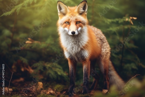 A red fox standing in a forest, perfect for wildlife designs © Fotograf