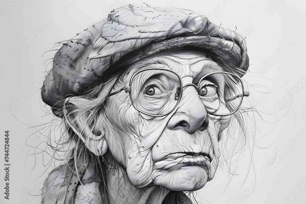Expressive and Funny Old Woman. Pencil Drawing, Sketch Expressive and Funny Old Woman. Pencil Drawing, Sketch