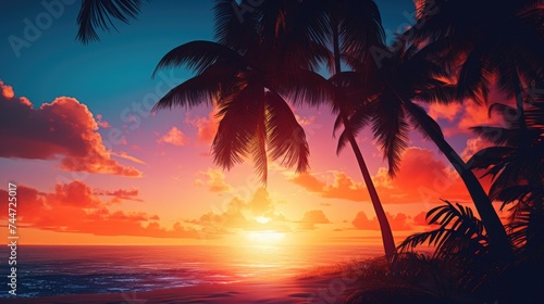 Beautiful sunset over the ocean with palm trees, ideal for travel and vacation concepts
