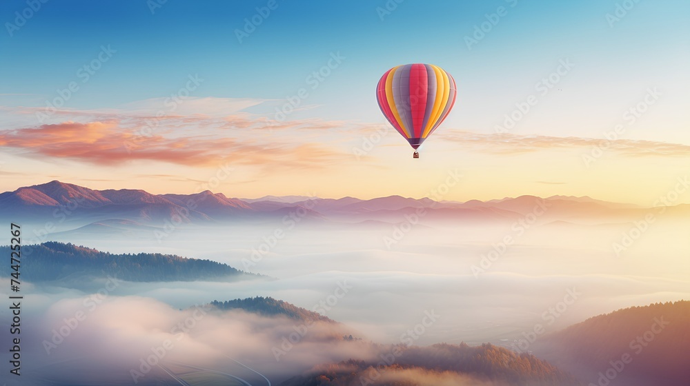 Hot air balloon over sunset. Beautiful wallpaper of nature. 