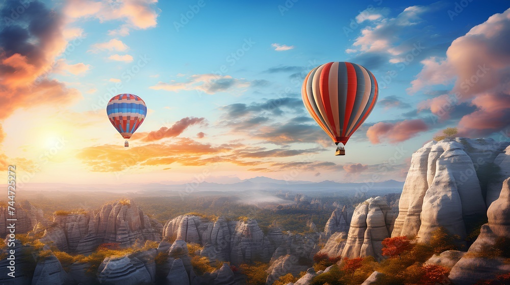 Fototapeta premium Hot air balloon over mountains at sunset. Panorama wallpaper. 