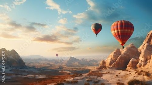 Hot air balloons at cloudy sky at sunset. Beautiful landscape wallpaper.  © Milosc