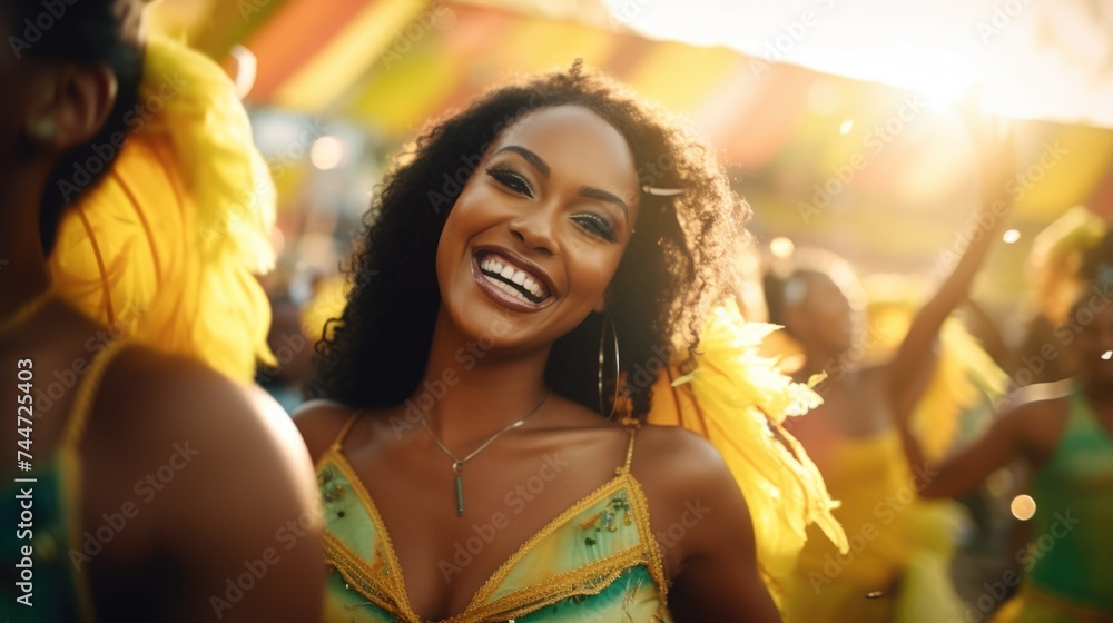 A woman in a green and yellow dress smiles at the camera. Suitable for various concepts