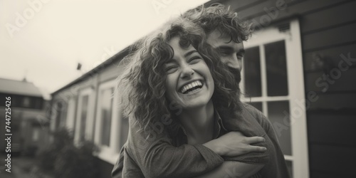 A man and a woman embracing in front of a train. Suitable for travel and romance concepts