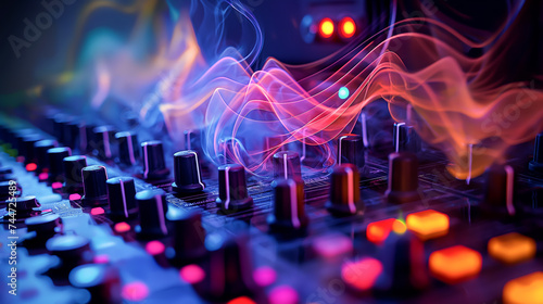 The sound wave on the audio equipment control, entertainment concept for sounds and music editing, smoke wave on the top of mixing sounds control panel, music reccord room studio