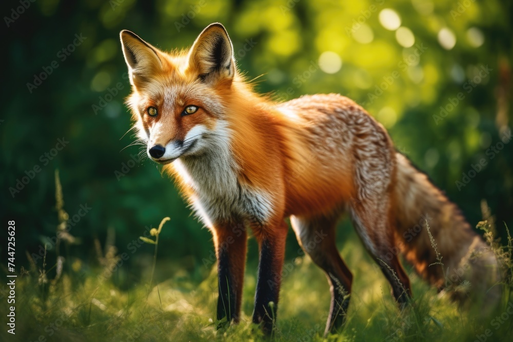 A red fox standing in the grass. Suitable for nature and wildlife concepts