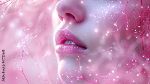 A close-up shot of a woman's lips and nose immersed in a dreamlike pink glow with delicate light particles.