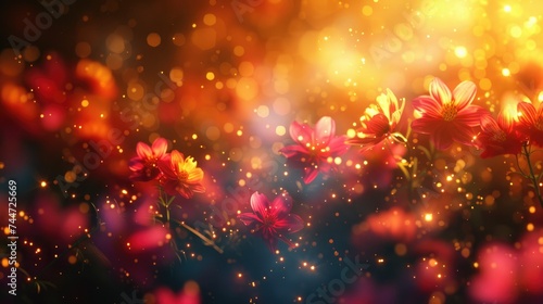 A dreamy scene of radiant flowers with a warm, bokeh light effect, creating a festive and magical atmosphere.
