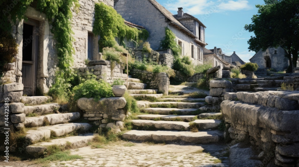 Stone steps leading up to a stone building. Suitable for architectural and historical themes