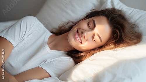Restful Sleep Smiling Woman in Realistic Bed Photo