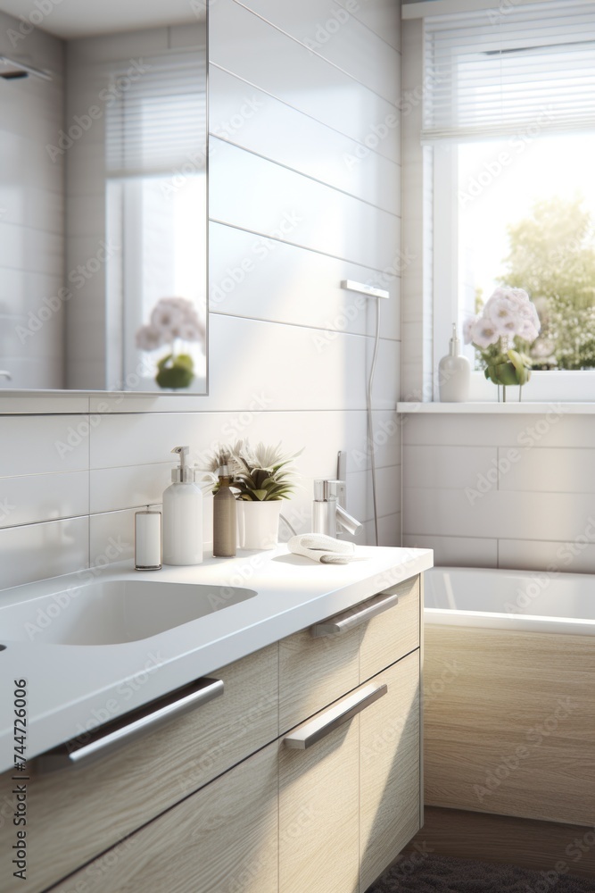 A bathroom featuring a sink, mirror, and bathtub. Ideal for home improvement or real estate content A bathroom featuring a sink, mirror, and bathtub. Ideal for home improvement or real estate content