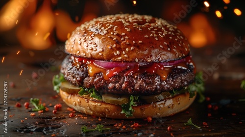 wonderful juicy hamburger, detailed with black background, crunchy vegetables. photo