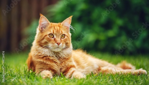 laying on backyard grass red domestic cat