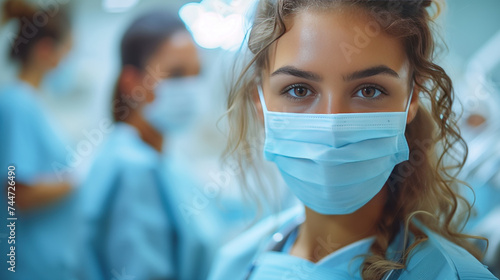 Female doctor in a medical mask in the surgical department of a hospital photo