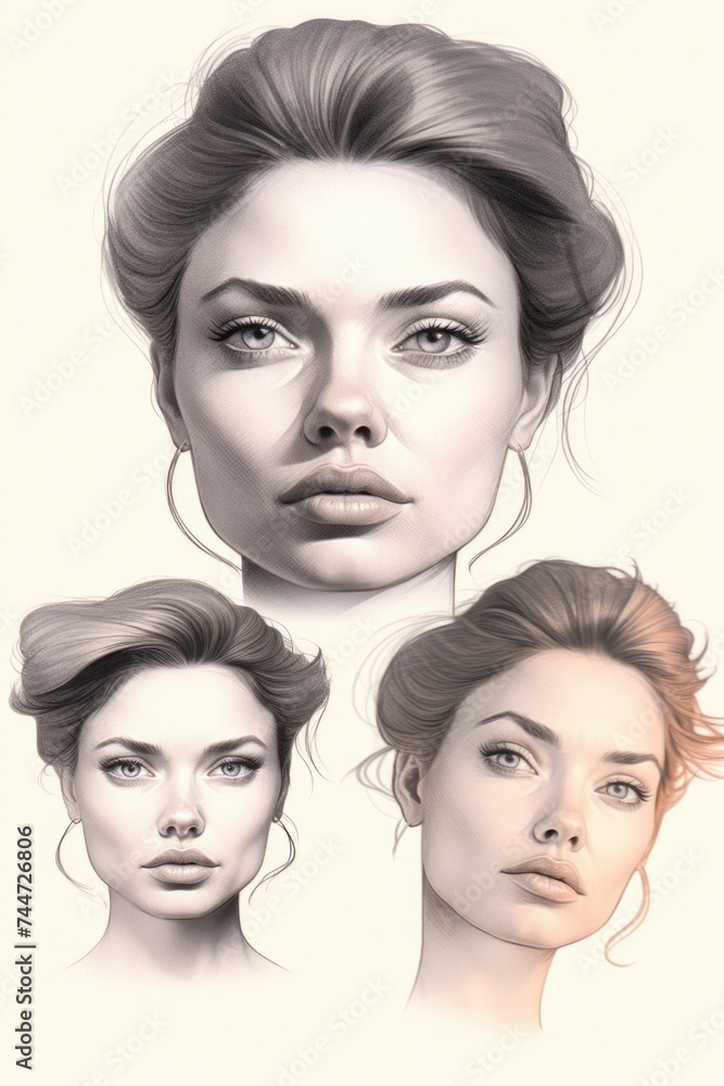 A drawing of a woman's face showing various expressions. Ideal for educational materials or emotion-related projects A drawing of a woman's face showing various expressions. Ideal for educational materials or emotion-related projects